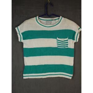 Nuggets Top Womens Small White Turquoise Striped Knit Blouse Pocket Vintage